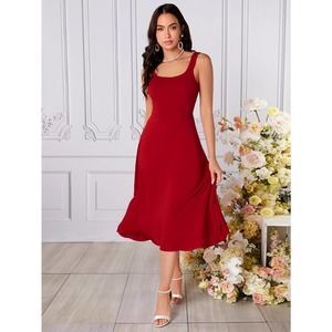 Square neck Sleeveless High Waist A line Dress red